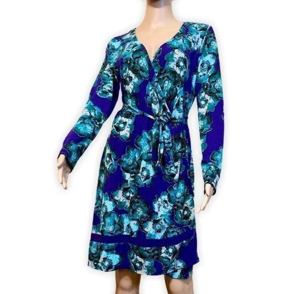 Floral Print Wrap Dress, Long Sleeve, Blue Teal Flowers Tie Waist, Casual Medium - Picture 2 of 7